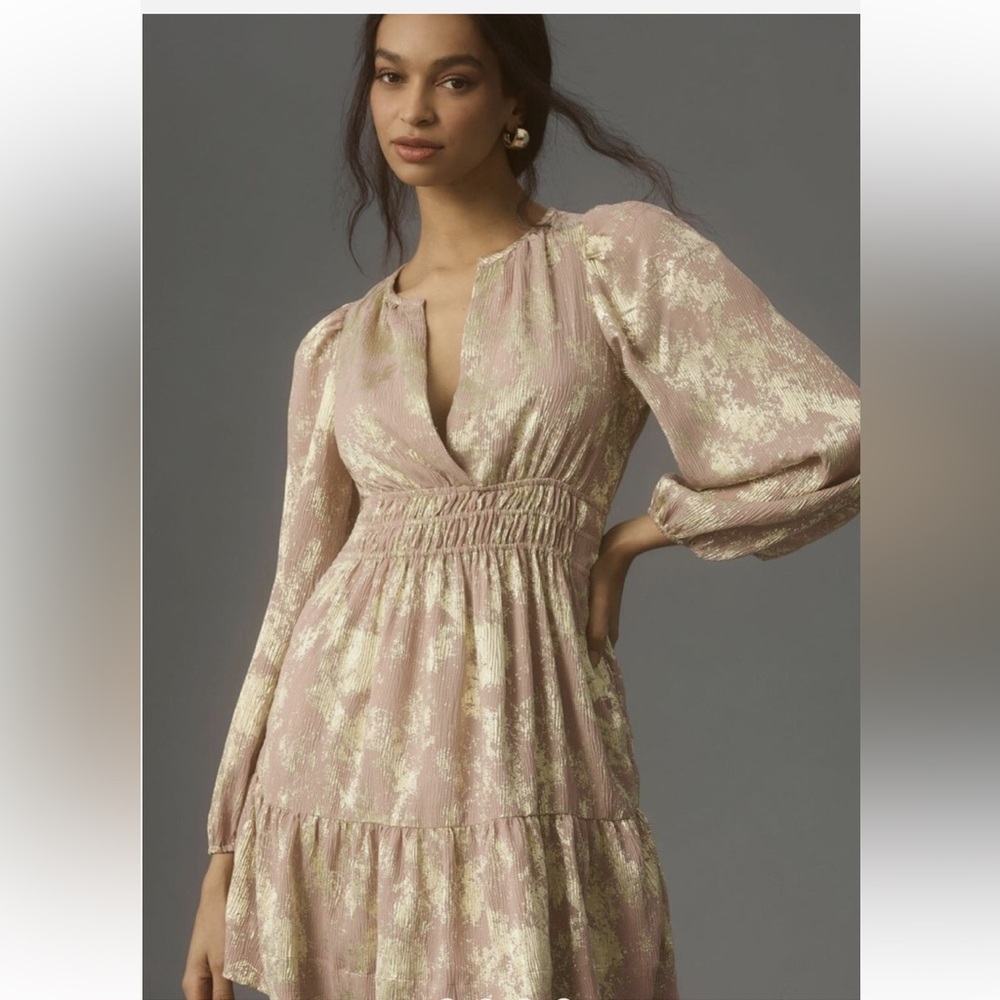 ANTHROPOLOGIE Somerset Long-Sleeve Mini Dress light mauve pink gold metallic